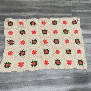 3D Flower Afghan Crochet Raised Rose Granny Square Throw Blanket 56x38 Scalloped